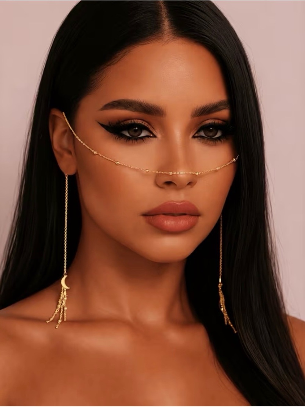 Delicate Gold Face Chain with Moon Drop Earrings - Women's Accessory